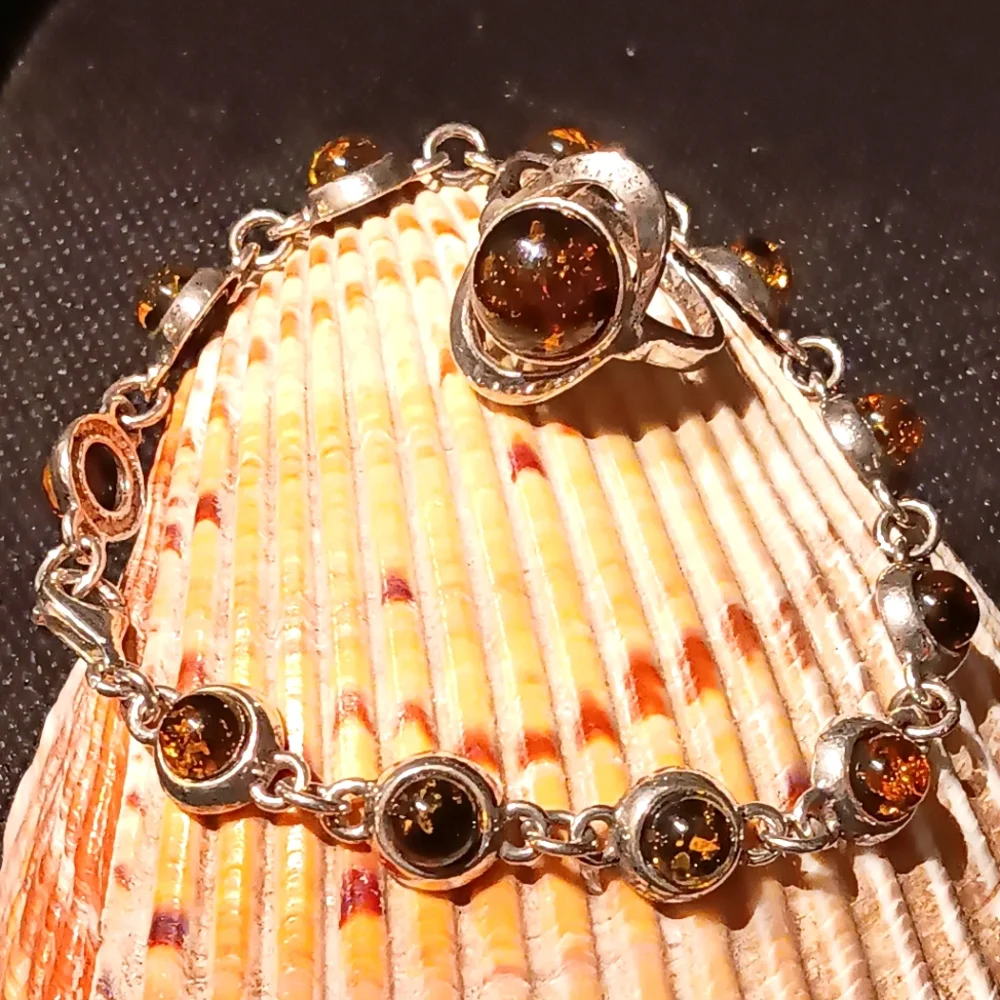 Set Baltic Amber Bracelet Ring Sterling Silver - Picture 8 of 15